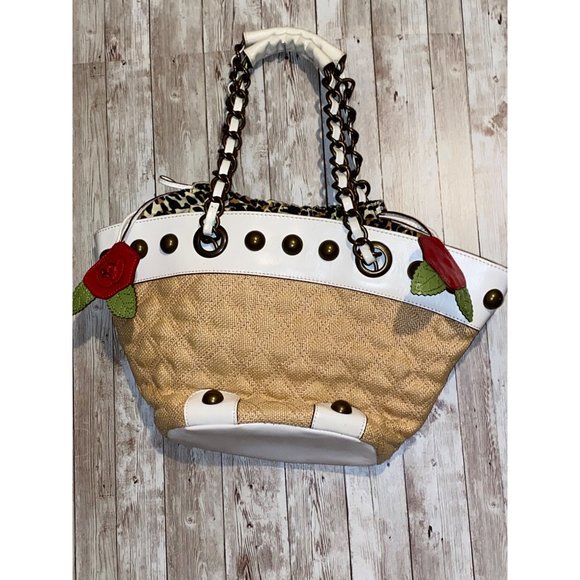 Vintage Betsey Johnson Leather Shoulder Bag Brass Handles Leopard Cheetah - Picture 5 of 15